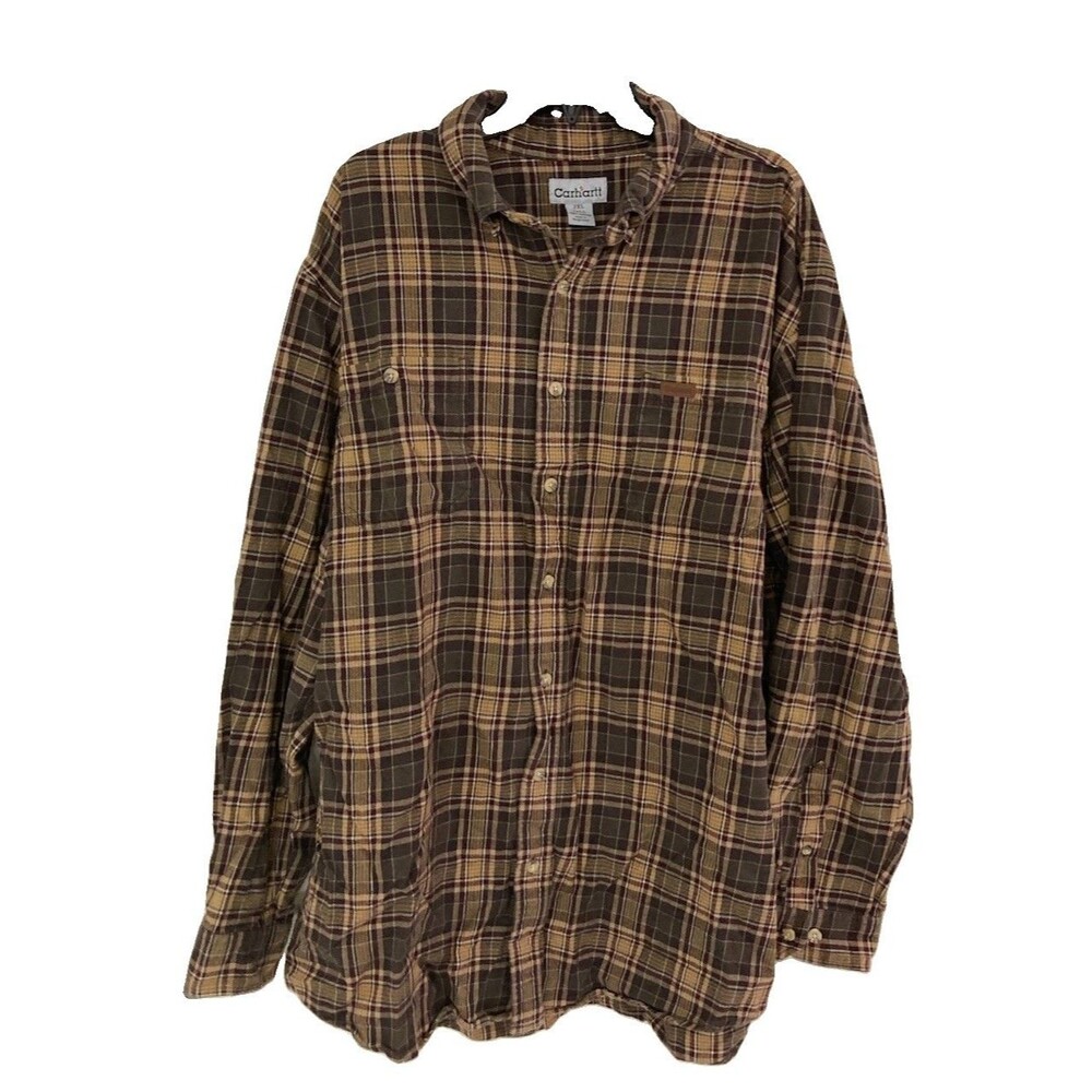 Men's Carhartt Midweight Flannel Work Shirt Brown Plaid Size 2XLT